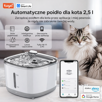 Nowoczesna fontanna dla kota Tuya 2,5 l z aplikacją na smartfon/tablet