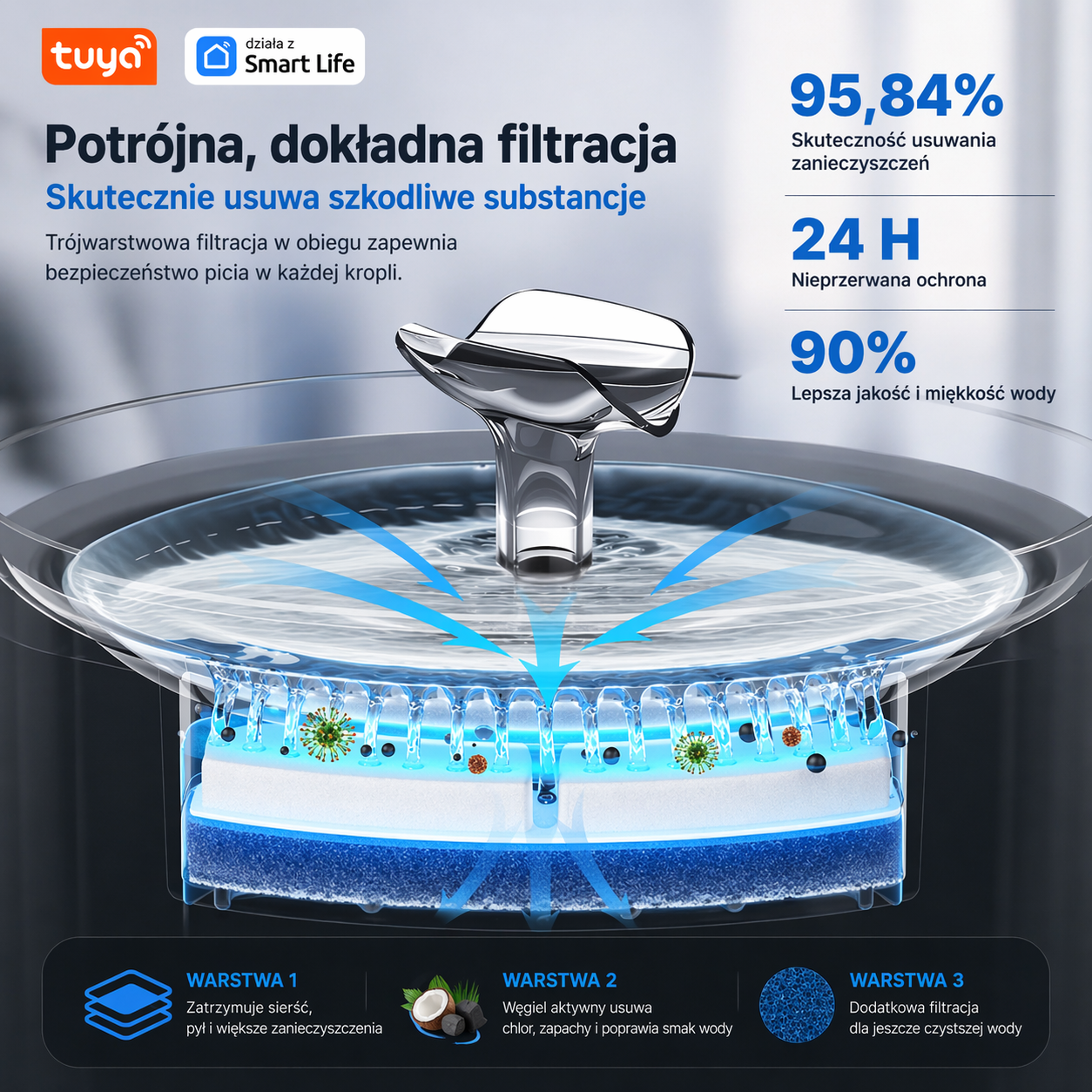 Nowoczesna fontanna dla kota Tuya 2,5 l z aplikacją na smartfon/tablet